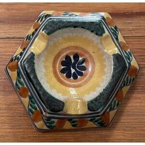 Mexican Pottery Ashtray Yellow Green Terracotta